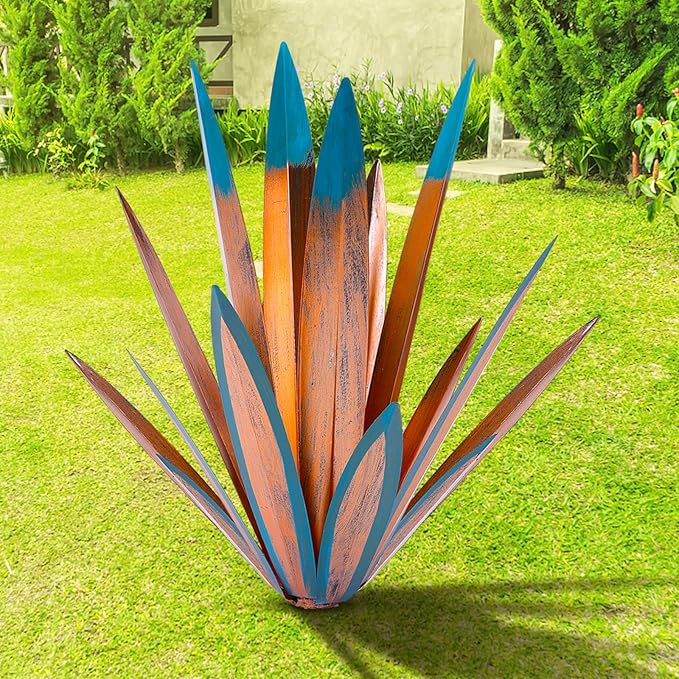 TOMBABY Large Leaf Thickened Metal Agave Plant Outdoor Decoration Desert Courtyard Art Plant Garden Decoration Outdoor Metal Art Floral Gift (1, Blue)