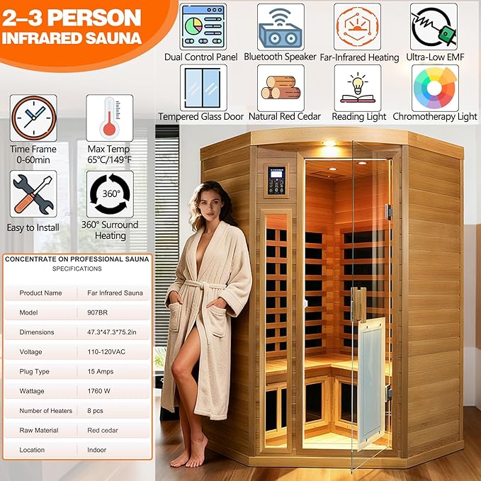 2-3 Person Corner Far Infrared Sauna for Home, 1760W Ultra-Low EMF（0-1mG） Indoor Red Cedar Wood Sauna Room with 8 Heating Panels, Dual Control Panel, Bluetooth Speaker & Chromotherapy Lights