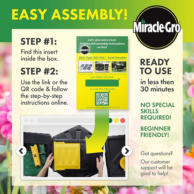 Miracle-Gro Large Dual Chamber Compost Tumbler – Easy-Turn, Fast-Working System – All-Season, Heavy-Duty, High Volume Composter with 2 Sliding Doors - (2 – 27.7gallon /105 Liter)