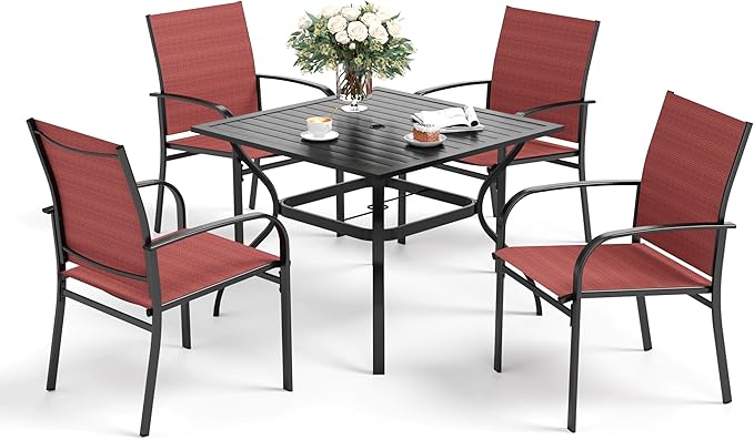 5 Piece Patio Dining Set for 4, 37”Square Table with Umbrella Hole, 4 x Metal Red Chairs, Outdoor Table and Chairs for Lawn and Deck