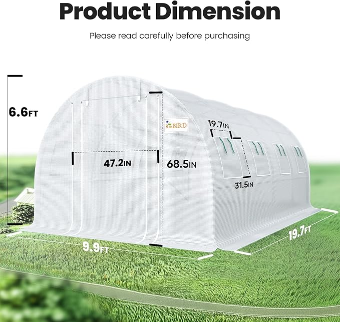 KING BIRD Premium 20x10x6.6FT Greenhouse for Outdoors, Large Walk-in Upgraded Galvanized Metal Frame, Mesh Door Screen Window Improved Zipper Tunnel Hoop for Garden Plant Winter, 2 Stiffeners, White