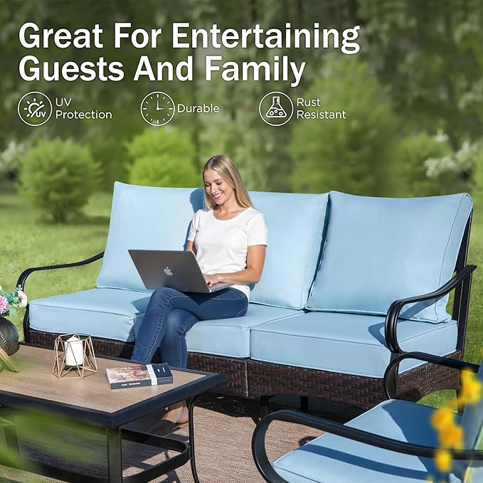 Patio Furniture Set with 56" Fire Pit Table, Premium Outdoor Wicker Metal Frame Furniture with Upgraded Waterproof Thick Cushions for Porch, Poolside, Deck, and Yard