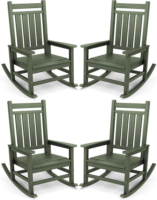 SERWALL Oversized Outdoor Rocking Chair Set of 4, HDPE Rocker for Adults, Patio Rocking Chairs for Porch, Avocado Green