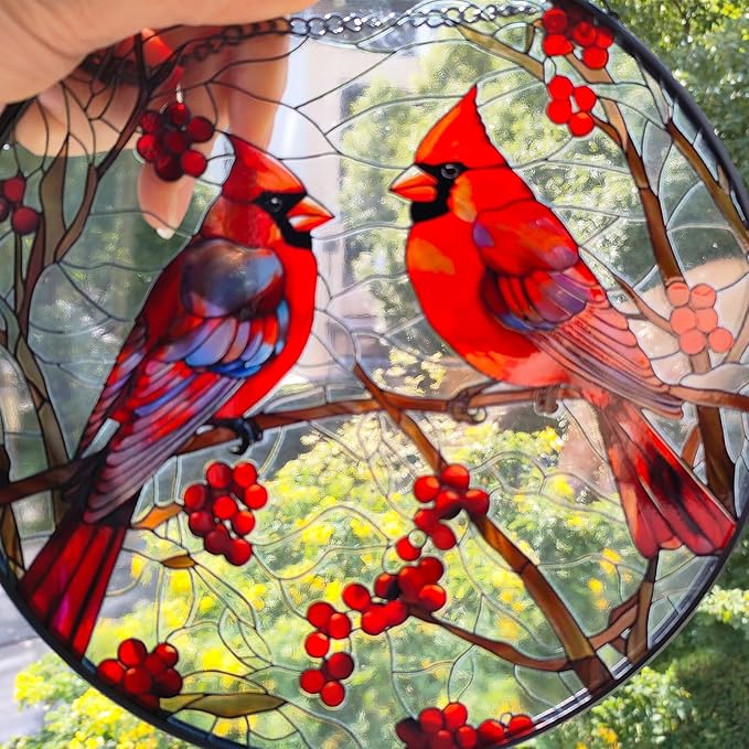 Red Cardinal Stained Glass Suncatcher - Handmade Christmas Window Hanging for Home Garden Deco
