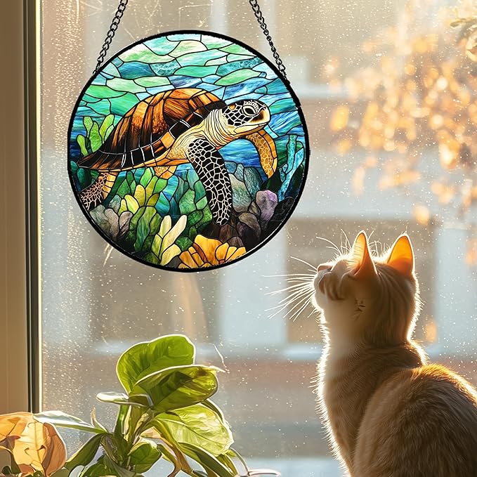 Stained Glass Window Hanging - Cute Sea Turtle Suncatcher for Door Garden Yard Blue Ocean Sun Catchers Decor Christmas Mother's Day Birthday Children's Gifts for Women Mom Nana Friend 6.3 in