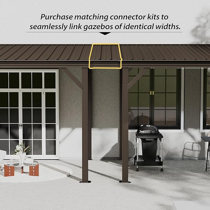 Domi 8'x8' Lean to Gazebo Hardtop, Expandable Wall Mounted Pergola with Gutters & Galvanized Steel Roof, 60MPH Wind Resistance, Outdoor Metal Heavy Duty Metal Awning for Patio, Deck, Backyard - Brown