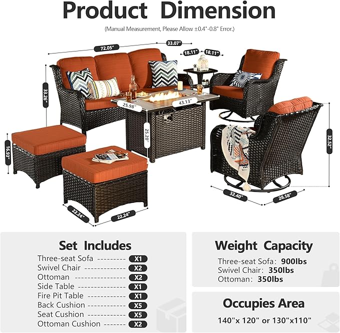 HOOOWOOO Patio Furniture Set,7 Piece Outdoor Furniture Set with Fire Pit Table,Wicker Patio Conversation Couch Swivel Chairs Ottoman Set,Orange Red