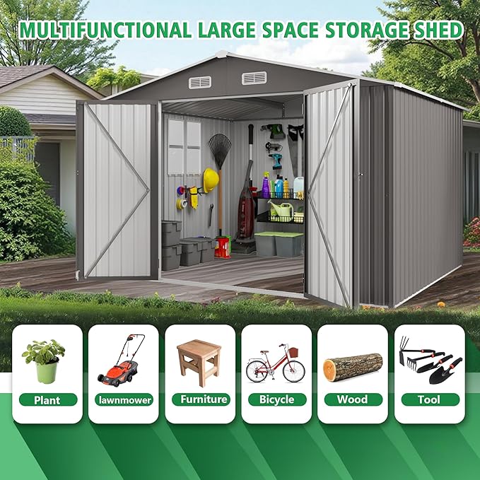 10x12 FT Outdoor Storage Shed, Large Metal Garden Shed with Double Door Two Window Waterproof Tool Shed for Backyard Patio Lawn Poolside, Grey