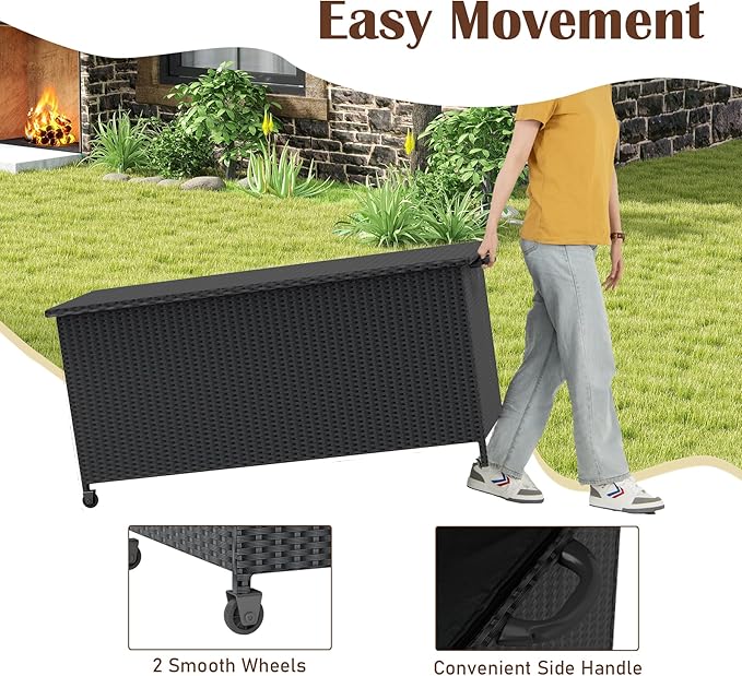 RELAX4LIFE 85-Gallon Deck Box with Wheels - Wicker Rattan Storage Bin Container w/Waterproof Liner & Gas Strut for Patio Cushions, Garden Tools, Pool Supplies, Indoor Outdoor Storage Box (Black)
