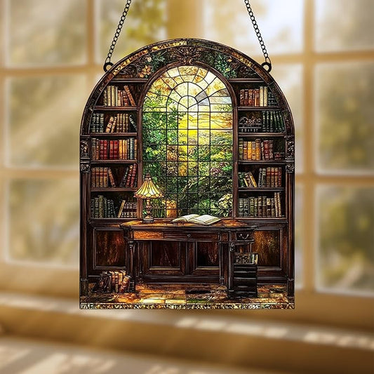 Library Books Bookish Acrylic Suncatcher Stained Glass Effect Window Car Hanging Christmas Ornament Indoor Outdoor Decor Garden Bookworm Sun Catcher Book Lover for Women Mom Grandma