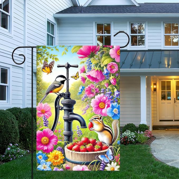 Spring Garden Flag 12x18 Inch Double-Sided Yard Decoration Featuring Colorful Pump Flowers Birds Chipmunk for Outdoor Spring Summer Garden Yard Decor