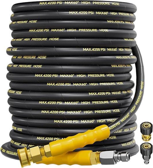 4200PSI Pressure Washer Hose 100FT with 3/8" Swivel Quick Connect for Cold/Hot Water, Kink Resistant Steel Wire Braided, Wear Resistant Power Washer Hose with 2 M22 14mm Adapter Set