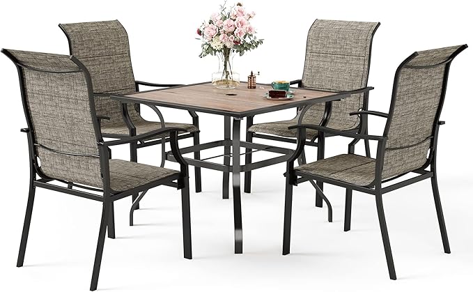 5 Pieces Patio Dining Sets for 4 Person, Outdoor Table and Chairs Set with Wood-Like Patio Dining Table(1.57" Hole) & 4 Textilene Patio Dining Chairs, Outdoor Dining Sets for Deck
