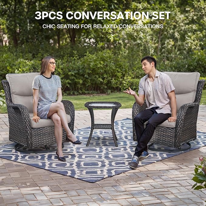 Patio Swivel Chairs with Smile-Shaped Cushions, 3 Piece High Back Patio Swivel Glider Chairs with Side Table 3PCS PE Rattan Luxury Patio Conversation Set Brown Wicker | Beige Cushions