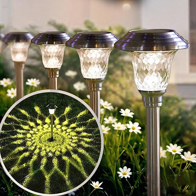 Beau Jardin 4 Pack Solar Pathway Lights Outdoor Stainless Steel Lights Solar Powered Waterproof Glass High Lumen Garden Landscape Path Yard Walkway Driveway Outside Color Changing Cool White Silver
