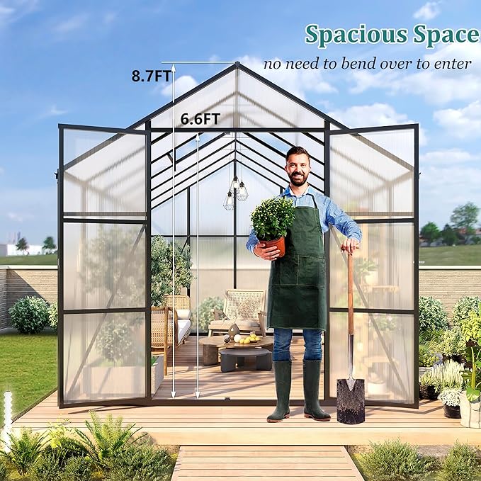 10 * 14 * 8.7FT Greenhouse for Outdoors,Polycarbonate Greenhouse with Stronger Wind Protection and Roof Vent,Walk-in Large Aluminum Sunroom Winter Proof,Black