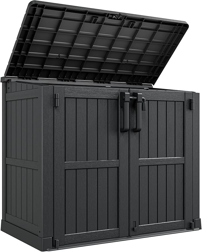 Horizontal Resin Storage Shed 36 Cu Ft with Lockable Doors, Portable Outdoor Storage Cabinet -Waterproof Outdoor Storage Box for Backyards, Easy to Assemble Black