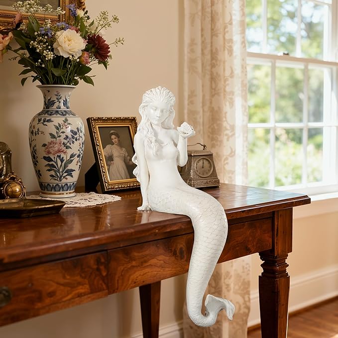 Mermaid Statue for Outdoor Garden,25.6Inch Large Weather-Resistant Sculpture for Yard & Patio Decor, Made of Durable Magnesium Oxide Stone in Antique White