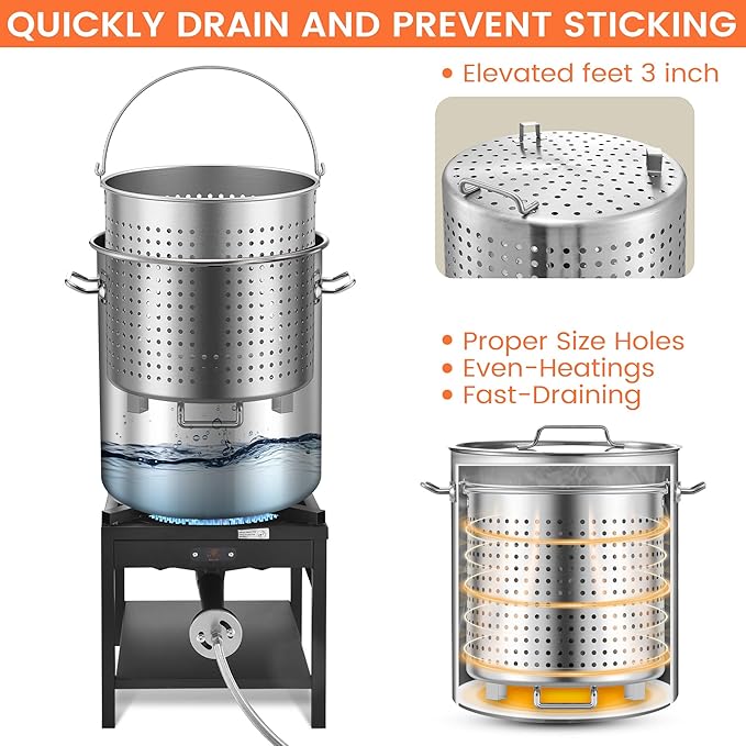 ARC 64QT Stainless Steel Seafood Boiling Turkey Fryer Kit with Strainer and Propane Stove with 200,000BTU, Stainless Steel Crawfish Boil Pot and Burner for Outdoors Cooking and Steaming, Non-Assembly