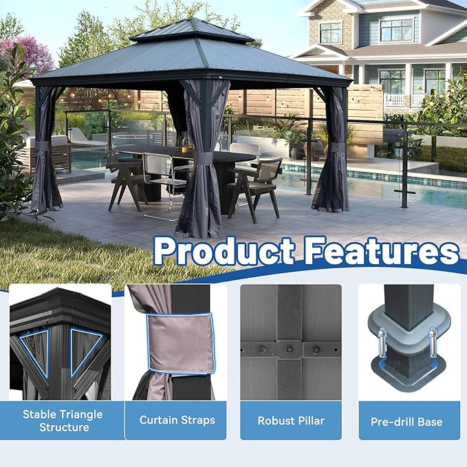 Outdoor Hardtop Gazebo for Patio 12x12FT with Resin-Galvanized Steel Roof, Metal Hard Top Gazebo with Gutters, Heavy Duty Gazebos All Season with Curtains & Netting, for Deck, Backyard, Hot Tub