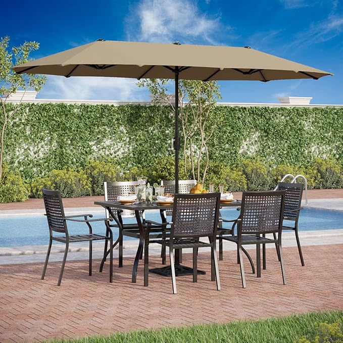 PHI VILLA 7 Pieces Patio Dining Set for 6 with 13ft Large Patio Umbrella, Metal Outdoor Stackable Wrought Iron Chair Set of 6 & 60"X38" Metal Dining Table,Market Table Beige Umbrella