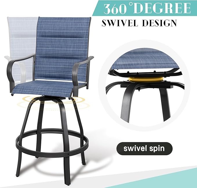 Vongrasig 6 Piece Outdoor Patio Swivel Bar Chairs, All Weather Padded Sling Textile High Top Bar Stools, Bistro Set for Backyard, Lawn Garden, Balcony, Padded Blue