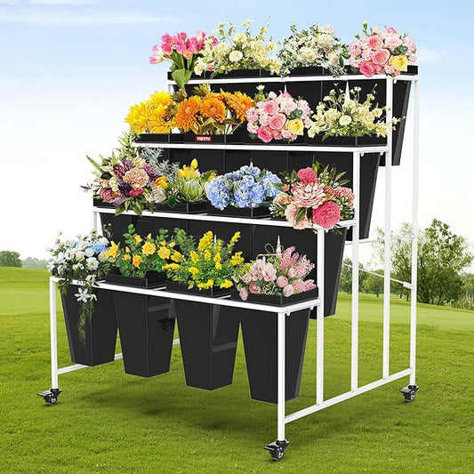 4 Layers Flower Display Stand with Buckets, 16 PCS Buckets Plant Stand with Wheels, Movable Metal Plant Stand for Terrace Garden, Living Room, Florist Shop