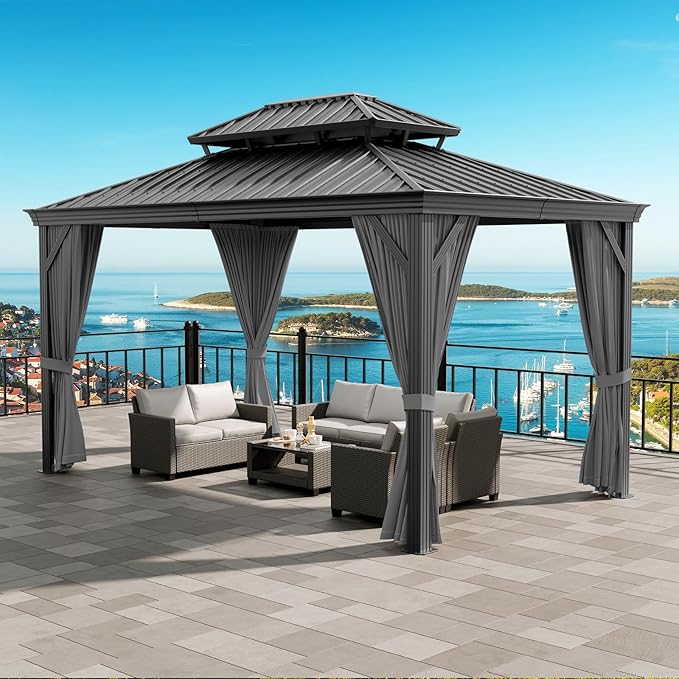 14'x12' Hardtop Gazebo, Heavy Duty Aluminum Permanent Hardtop Gazebo Outdoor Pavilion with Curtains and Netting for Garden (Gray, 14'x12')