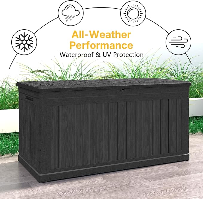 260 Gallon Deck Box Lockable, Outdoor Storage Box Waterproof and UV Resistant, Large Patio Storage Box with 1000 lbs Capacity, for Garden, Patio Furniture, Pool (Black)