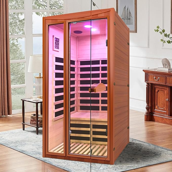 Far Infrared Intdoor Sauna Okoume Wooden Saunas Spa 1550W Dry Sauna Room for 1-2 Person with Bluetooth 7 Color Light 39.37 * 35.43 * 74.8 inch
