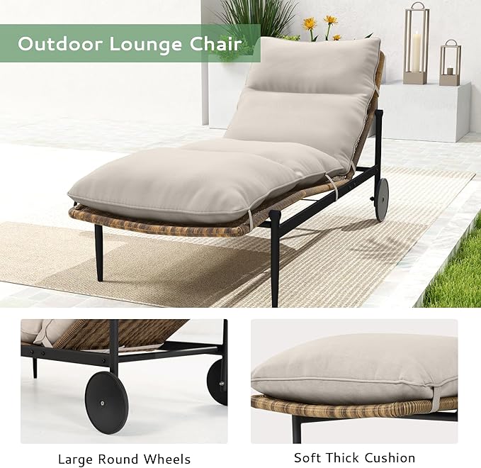 Chaise Lounge Set of 2 - PE Rattan Wicker Patio Pool Lounge Chair with Cushion and Wheels, Aluminum Waterproof Chaise Lounger for Poolside Backyard Deck Porch