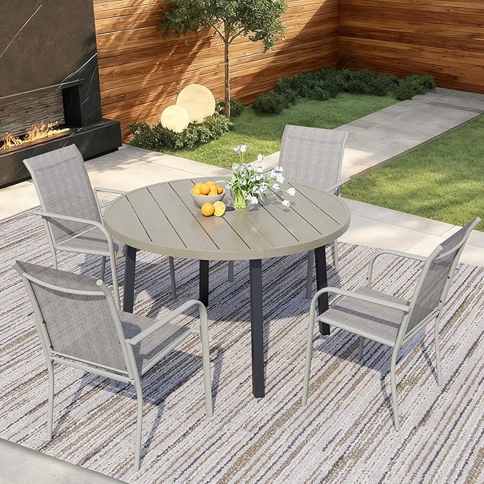 5 Pieces Round Dining Table Set for 4, Patio Dining Set Includes 4 Grey Stackable Patio Chairs and 1 Honey Oak Round Table, Patio Furniture Sets with Sling Support for Outside, Garden