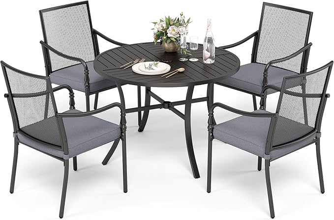 HERA'S HOUSE Round Patio Table and Chairs, Metal Outdoor Dining Sets for 4, 42" Black Table with 4 Cushioned Armrest Chairs for Garden Lawn Backyard