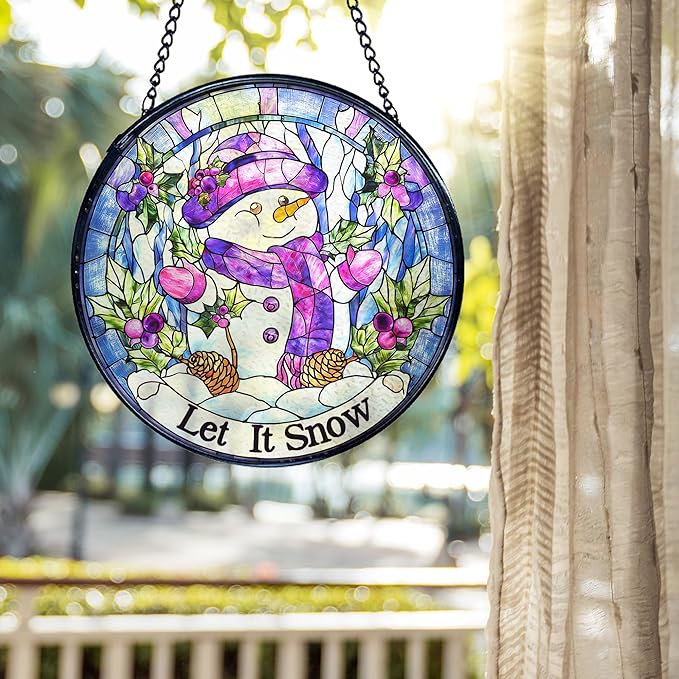 kdqua Christmas Snowman Suncatcher Stained Glass Window Hanging, Let It Snow Winter Snowman Sun Catchers Indoor Window Glass Round Wall Decor, Christmas Wall Art Hanging Decorations Statues, 7.9x7.9in