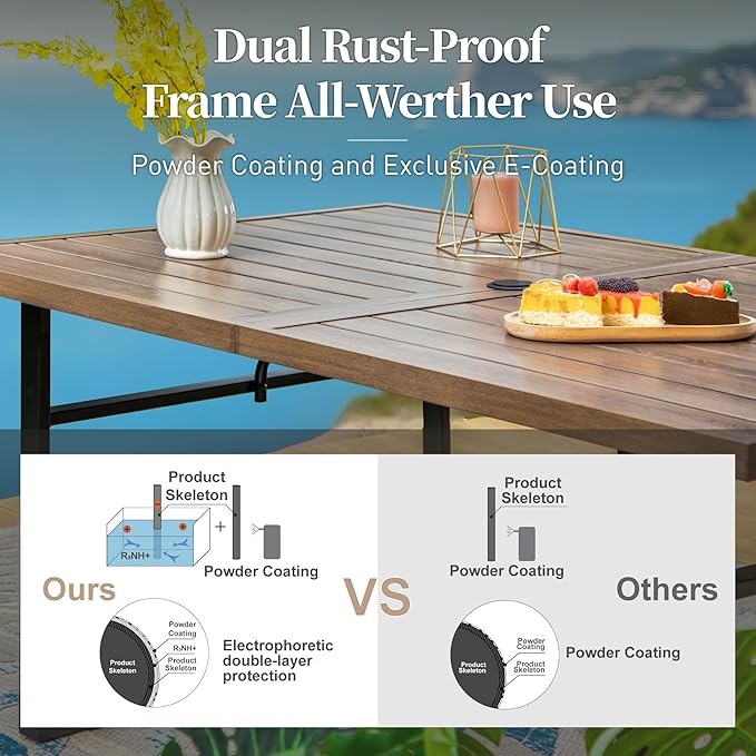 Patio Table and Chairs Set of 6, All-Weather Breathable Metal Mesh Patio Chair with Gourd-Shaped Armrests, 64x38 Wood-Like Table with Umbrella Hole, 7 Pcs Metal Frame Patio Dining Set