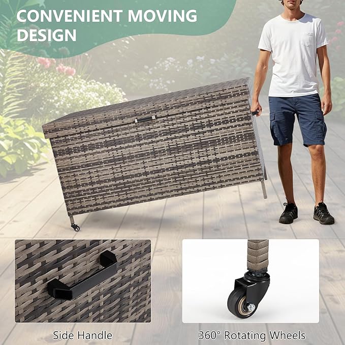 AVAWING 240 Gallon Wicker Deck Box, Outdoor Storage Box with Portable Wheels and Handles, Waterproof Patio Rattan Container for Garden, Balcony, Yard (Grey)