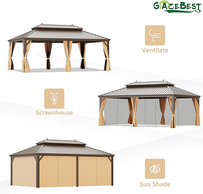 14' X 20' Hardtop Gazebo, Outdoor Galvanized Steel Double Roof Permanent Aluminum Frame Pavilion Pergola Canopy with Privacy Curtains for Garden, Patio, Backyard, Deck and Lawns.