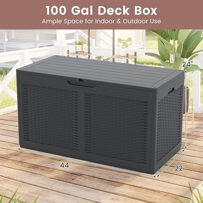 RELAX4LIFE 100-Gallon Resin Deck Box - Waterproof Outdoor Storage Box Container w/Lockable Lid & Wheels, Faux Rattan Porch Bench for Patio Furniture Cushions, Pool Accessories, Garden Tools (Grey)