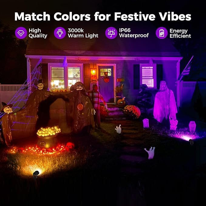 L LOHAS LED Halloween Spotlight Outdoor, Purple Spot Lights for Yard, Auto On/Off 5W 120V Landscape Lighting for House, Holiday, Trees, Decoration, 450LM IP66 Waterproof, UL Listed, 2 Pack
