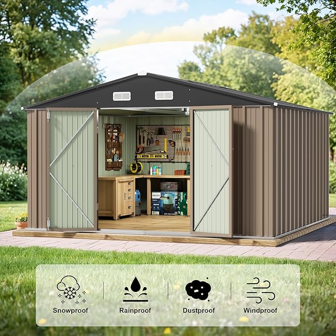 JUMMICO 8 x 10 FT Outdoor Storage Shed, Large Metal Garden Shed & Tool Sheds for Backyard Garden Patio Lawn (Brown)