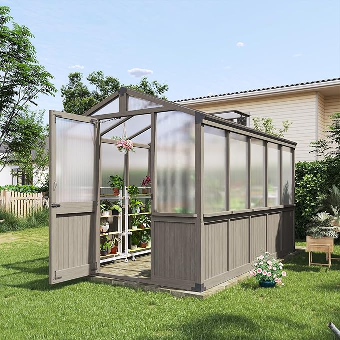 Aoxun 6x10 FT Walk-in Wooden Greenhouse,Solid Cedar Frame,Polycarbonate Panels, Automatically Temperature Control Roof Vent and Lockable Door,for Outdoor, Garden, Backyard,Patio, Lawn, Gray