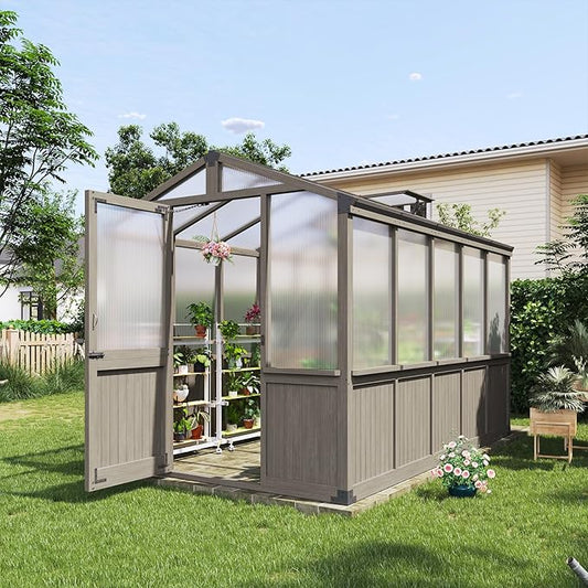 Aoxun 6x10 FT Walk-in Wooden Greenhouse,Solid Cedar Frame,Polycarbonate Panels, Automatically Temperature Control Roof Vent and Lockable Door,for Outdoor, Garden, Backyard,Patio, Lawn, Gray