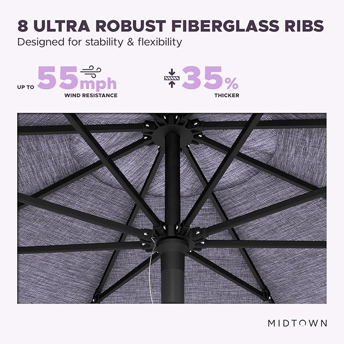 Midtown Umbrellas Push and Pop 9 Feet Outdoor Umbrella, Purple Texture Polyester Fabric - Fiberglass Ribs Deck Patio Umbrella, Backyard Umbrella, Garden Umbrella & Pool Umbrella - Black Pole