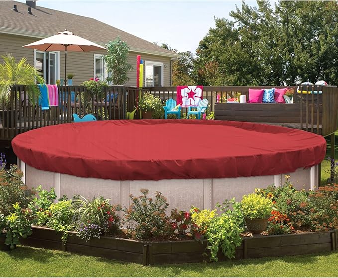 ECOOPTS 14 ft Round Pool Cover for Above Ground Pools, Swimming Pool Cover Protector Winter Safety Cover (Red)
