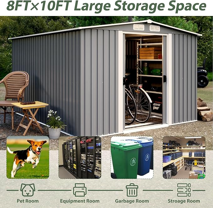 8x10 FT Outdoor Storage Shed, Metal Steel Utility Tool Shed Storage House with Double Lockable Doors & Air Vent for Backyard Garden Patio Lawn Gray