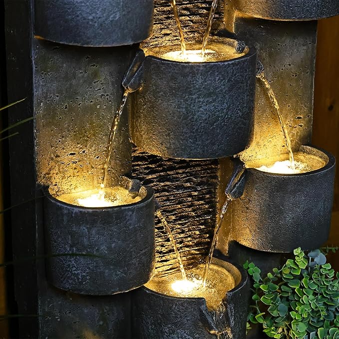 Outdoor Water Fountain Garden - Waterfall Large Water Feature Fountains with LED Lights & Pump, Concrete Artistry for Patio Yard Pool Home Decor, (45 inches Tall, Gray)