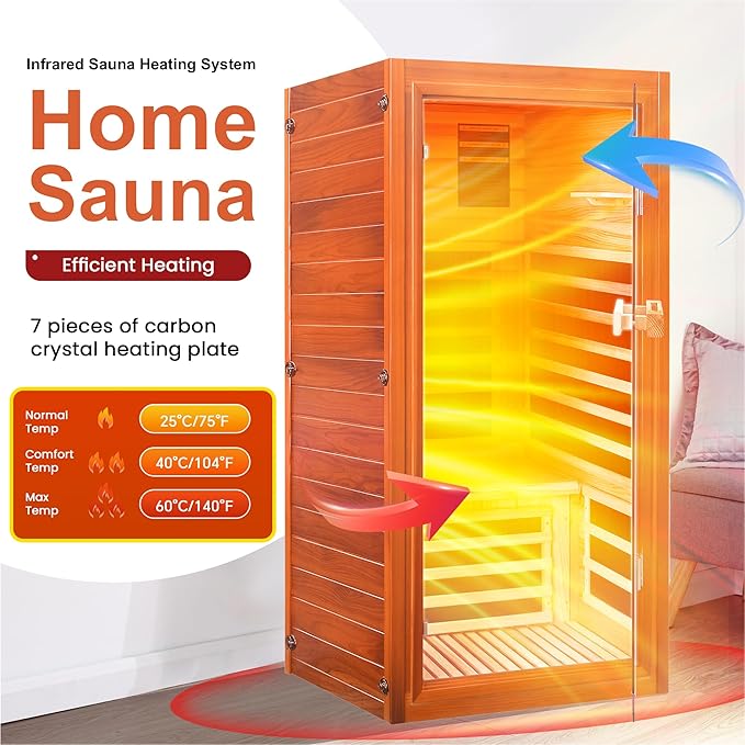 Far Infrared Sauna for Home 1 Person Indoor Wood Sauna Personal Spa Room 1065W 120V with Red Light Bluetooth Speakers 31.5"x31.5"x63"