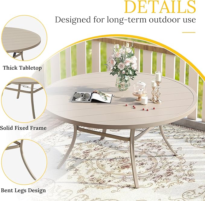 VICLLAX Patio Dining Set for 6, 7 Pieces Outdoor Furniture Includes 53" Round Patio Table with Umbrella Hole and 6 Outdoor Swivel Chairs for Lawn Garden, Sandshell Tabletop and Fabric