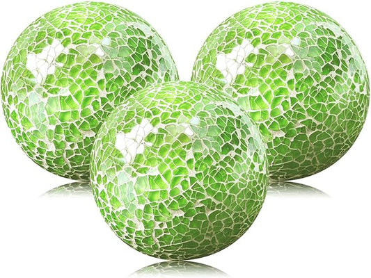 3.35 Inch Round Solid Glass Balls Orbs Decorative Mosaic Ball Centerpiece Sphere Crack Globe Crafts for Bowls Tray Table Garden Decoration Green Set of 3
