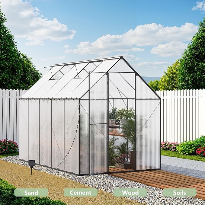 6X10 FT Greenhouse for Outdoors, Heavy Duty Polycarbonate Greenhouses, Large Walk-in Greenhouse with Roof Vent, Aluminum Hot House for Garden & Backyard
